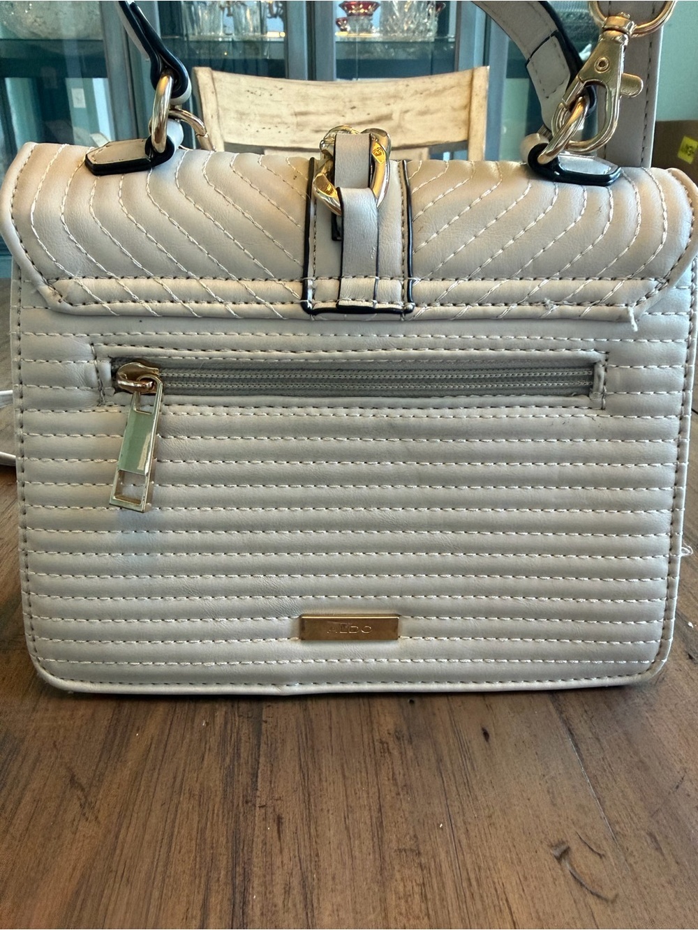 ALDO Cream Quilted Top-Handle Satchel with Gold Chain Accent - Picture 4 of 15